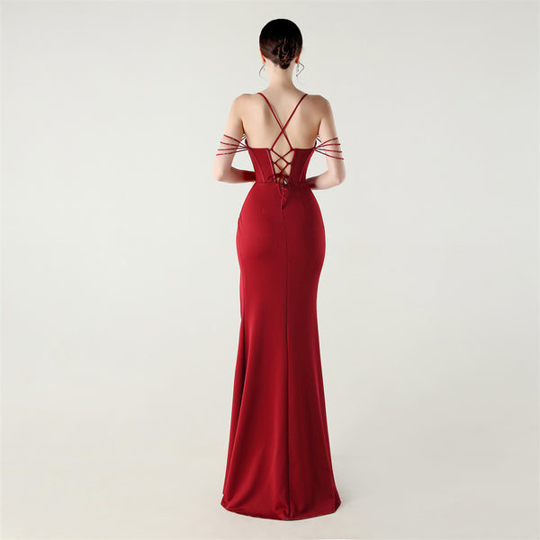 Deep V Neckline Gown with Boned Corset, Lacing & Pleated Detail