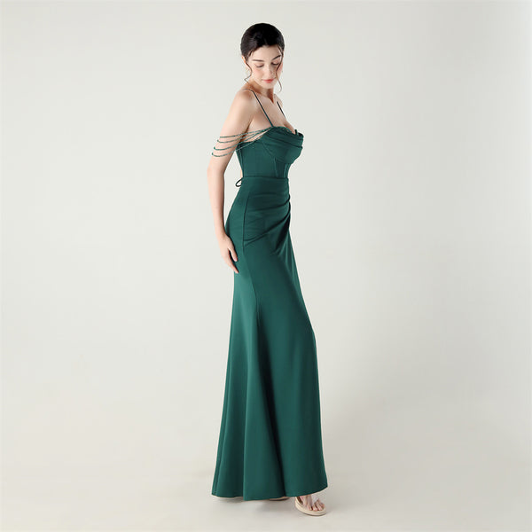 Deep V Neckline Gown with Boned Corset, Lacing & Pleated Detail