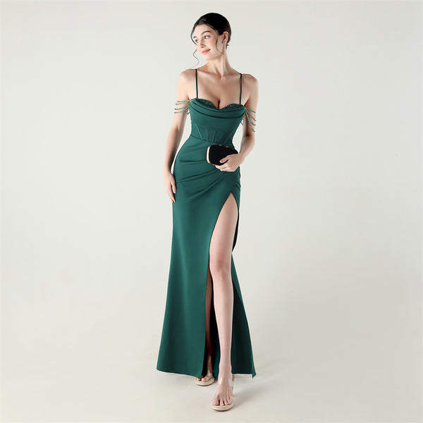 Deep V Neckline Gown with Boned Corset, Lacing & Pleated Detail