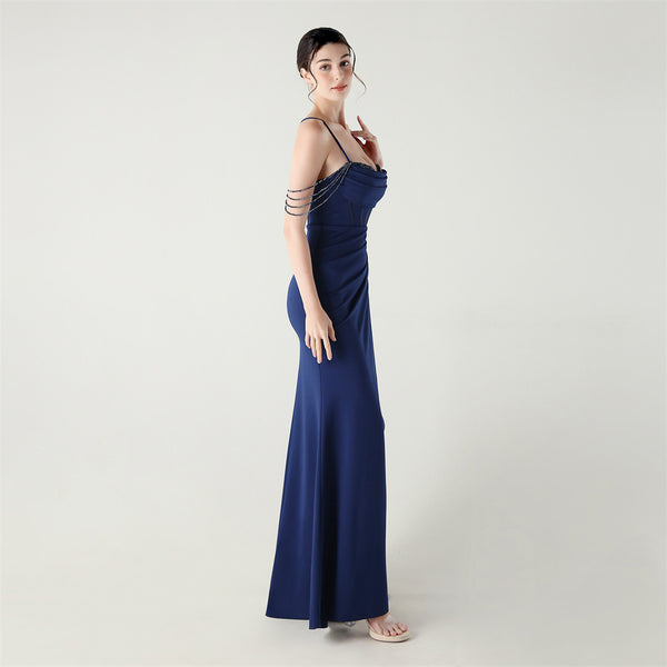 Deep V Neckline Gown with Boned Corset, Lacing & Pleated Detail