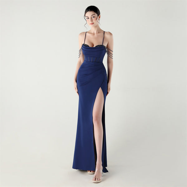 Deep V Neckline Gown with Boned Corset, Lacing & Pleated Detail