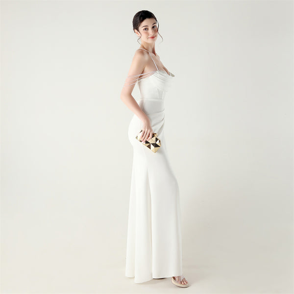 Deep V Neckline Gown with Boned Corset, Lacing & Pleated Detail