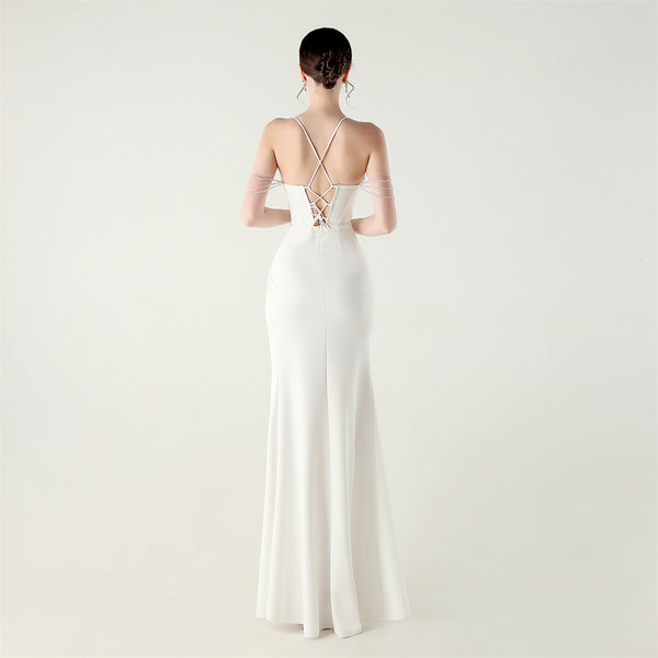 Deep V Neckline Gown with Boned Corset, Lacing & Pleated Detail