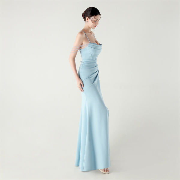 Deep V Neckline Gown with Boned Corset, Lacing & Pleated Detail