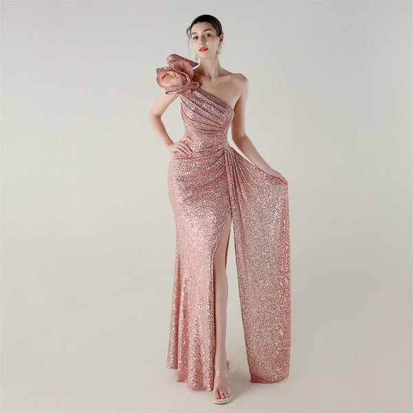 One-Shoulder Mermaid Gown with Floral Beadwork for Galas & Awards