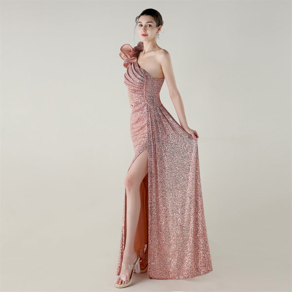 One-Shoulder Mermaid Gown with Floral Beadwork for Galas & Awards