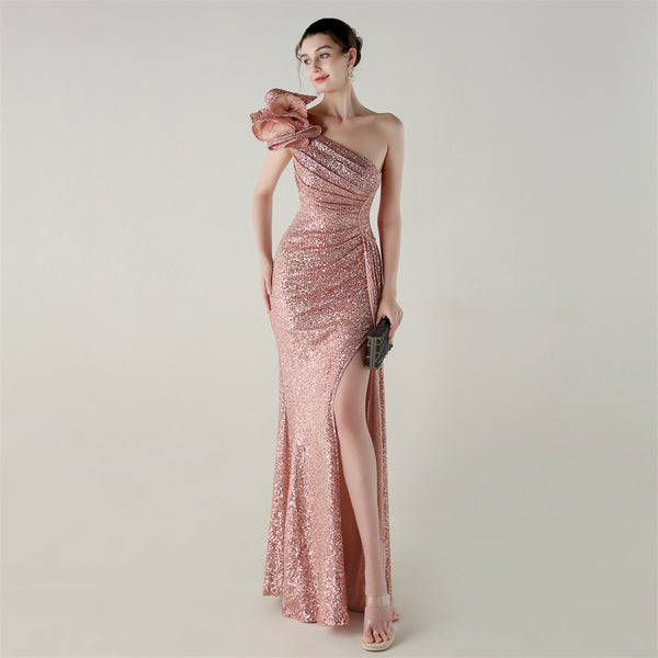 One-Shoulder Mermaid Gown with Floral Beadwork for Galas & Awards