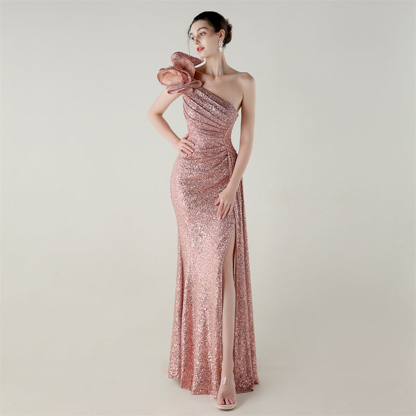 One-Shoulder Mermaid Gown with Floral Beadwork for Galas & Awards