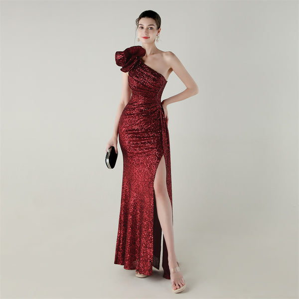 One-Shoulder Mermaid Gown with Floral Beadwork for Galas & Awards