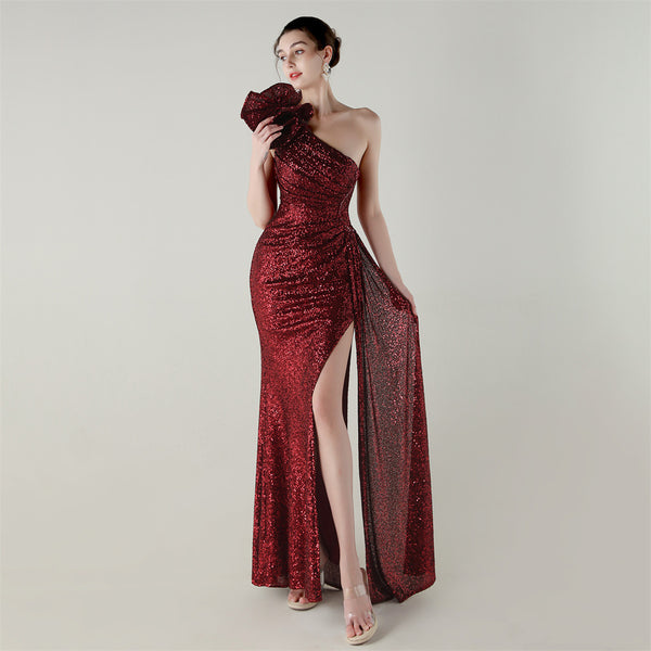 One-Shoulder Mermaid Gown with Floral Beadwork for Galas & Awards