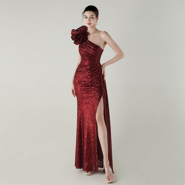 One-Shoulder Mermaid Gown with Floral Beadwork for Galas & Awards