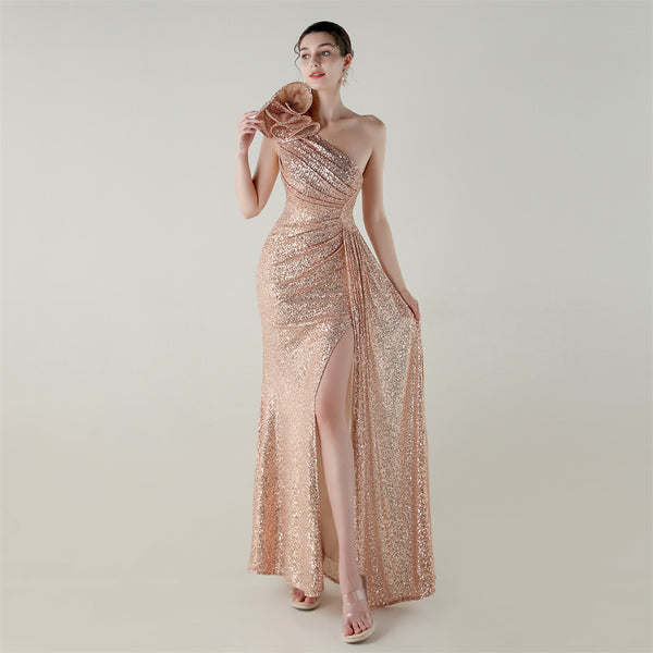 One-Shoulder Mermaid Gown with Floral Beadwork for Galas & Awards