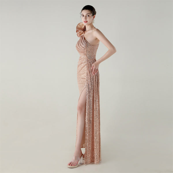 One-Shoulder Mermaid Gown with Floral Beadwork for Galas & Awards