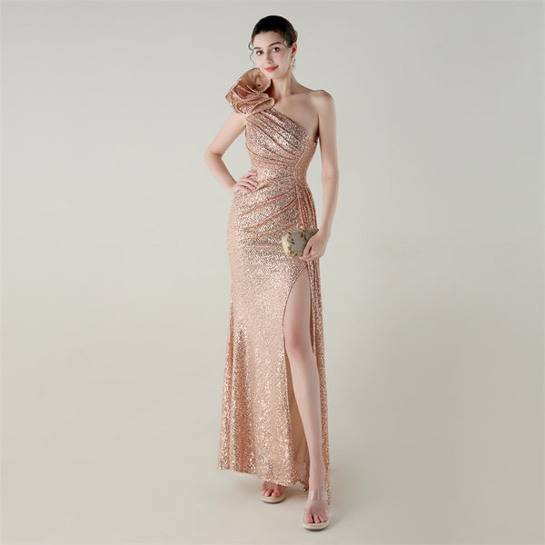 One-Shoulder Mermaid Gown with Floral Beadwork for Galas & Awards
