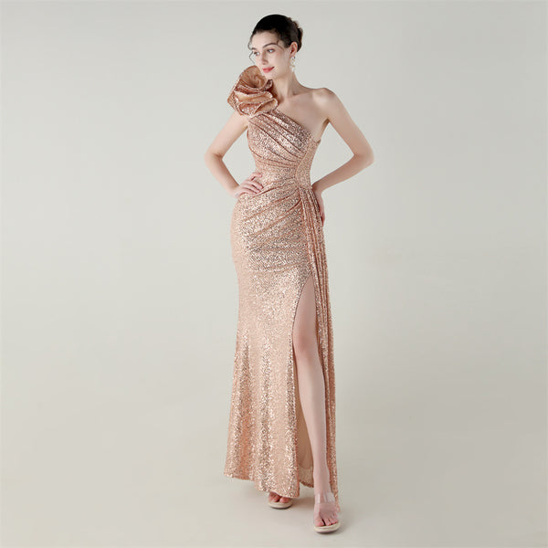 One-Shoulder Mermaid Gown with Floral Beadwork for Galas & Awards