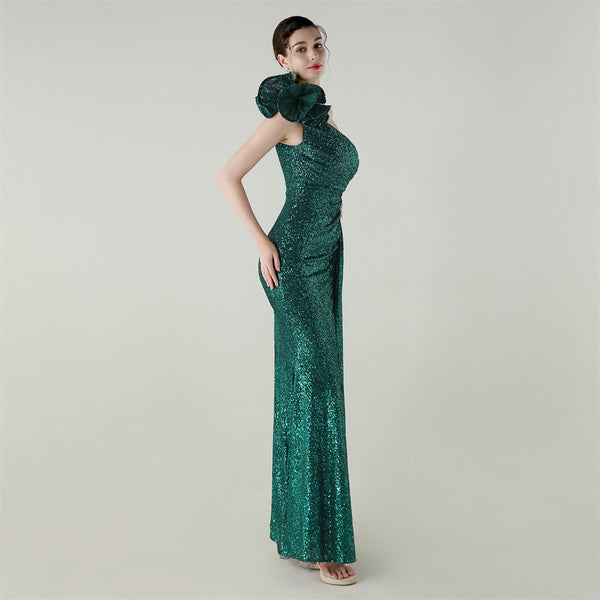 One-Shoulder Mermaid Gown with Floral Beadwork for Galas & Awards