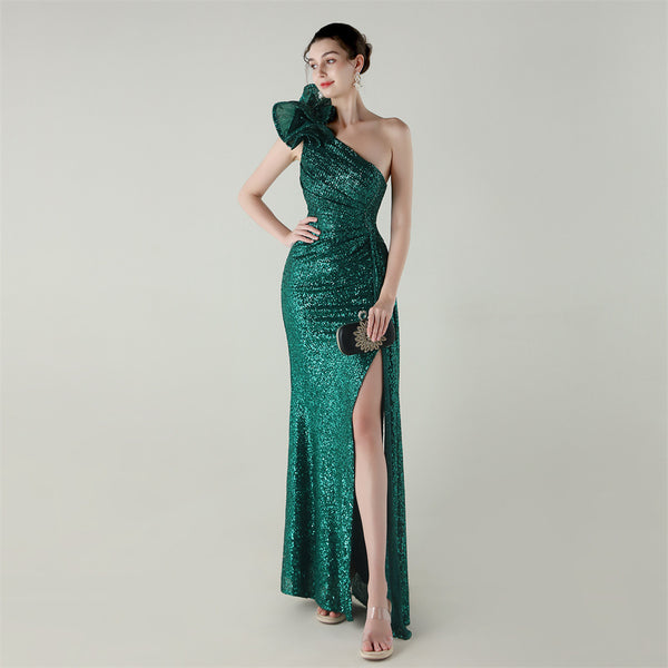 One-Shoulder Mermaid Gown with Floral Beadwork for Galas & Awards
