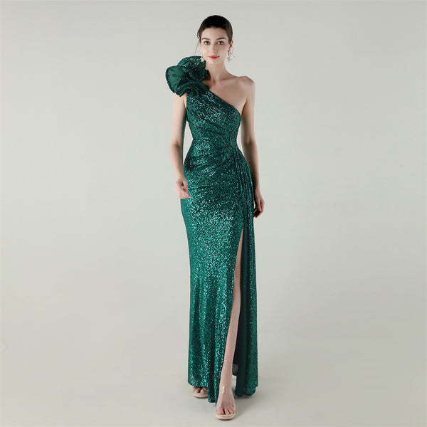One-Shoulder Mermaid Gown with Floral Beadwork for Galas & Awards