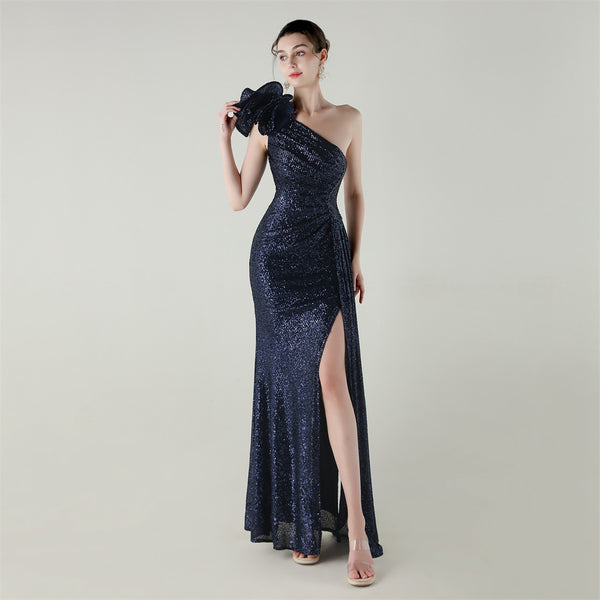 One-Shoulder Mermaid Gown with Floral Beadwork for Galas & Awards