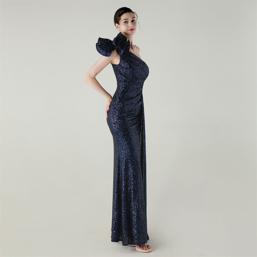 Šaty mořská panna s jedním ramenem a květinovou korálkovou výšivkou pro galavečery a ocenění