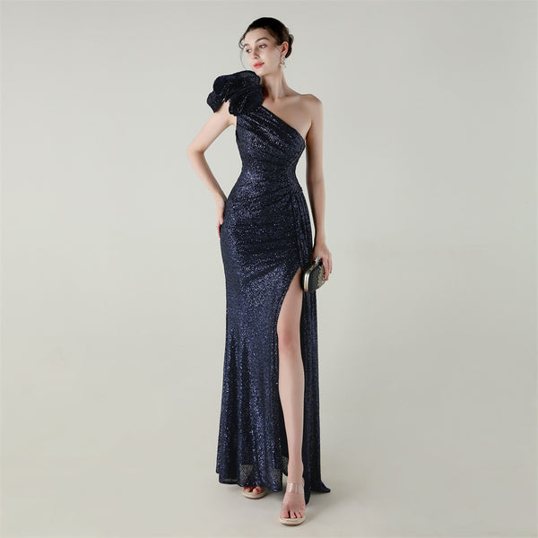 One-Shoulder Mermaid Gown with Floral Beadwork for Galas & Awards