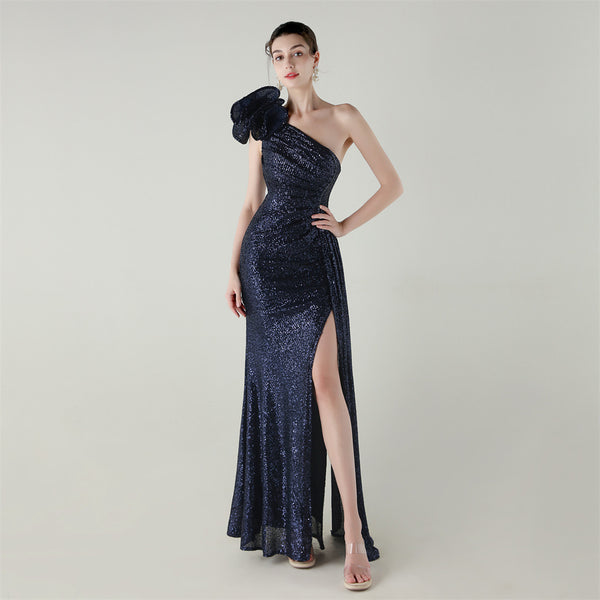 One-Shoulder Mermaid Gown with Floral Beadwork for Galas & Awards