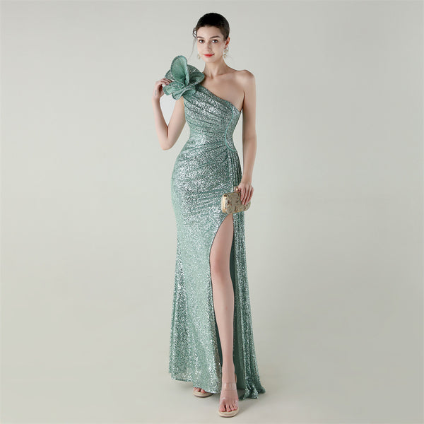 One-Shoulder Mermaid Gown with Floral Beadwork for Galas & Awards