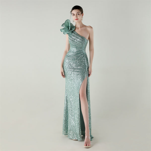 One-Shoulder Mermaid Gown with Floral Beadwork for Galas & Awards