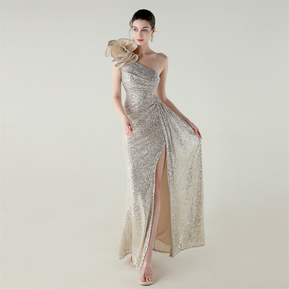 Šaty mořská panna s jedním ramenem a květinovou korálkovou výšivkou pro galavečery a ocenění