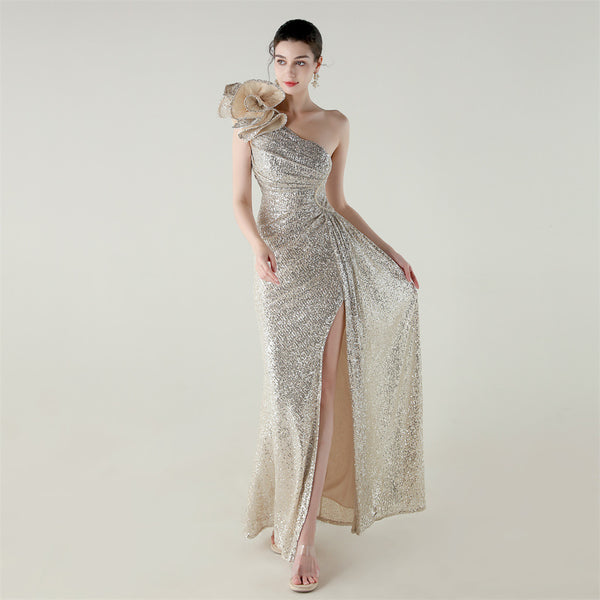 One-Shoulder Mermaid Gown with Floral Beadwork for Galas & Awards