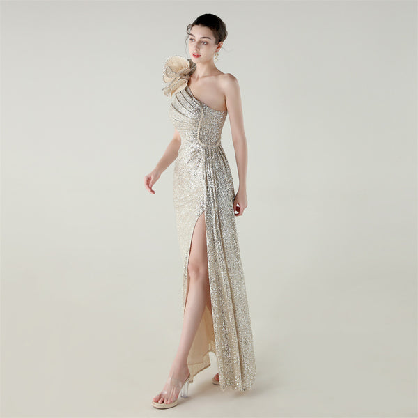 One-Shoulder Mermaid Gown with Floral Beadwork for Galas & Awards