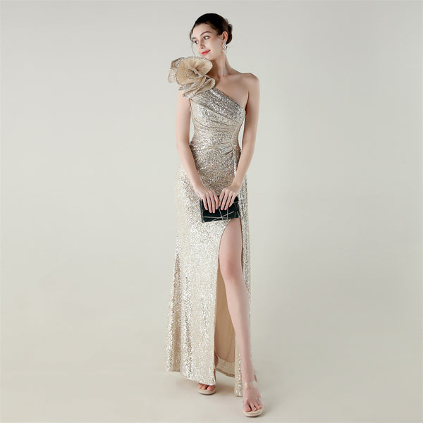 One-Shoulder Mermaid Gown with Floral Beadwork for Galas & Awards