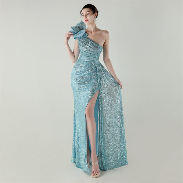 One-Shoulder Mermaid Gown with Floral Beadwork for Galas & Awards