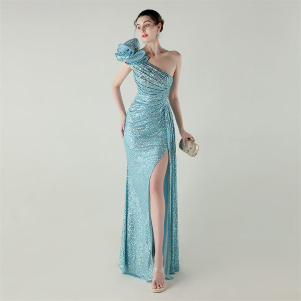 One-Shoulder Mermaid Gown with Floral Beadwork for Galas & Awards