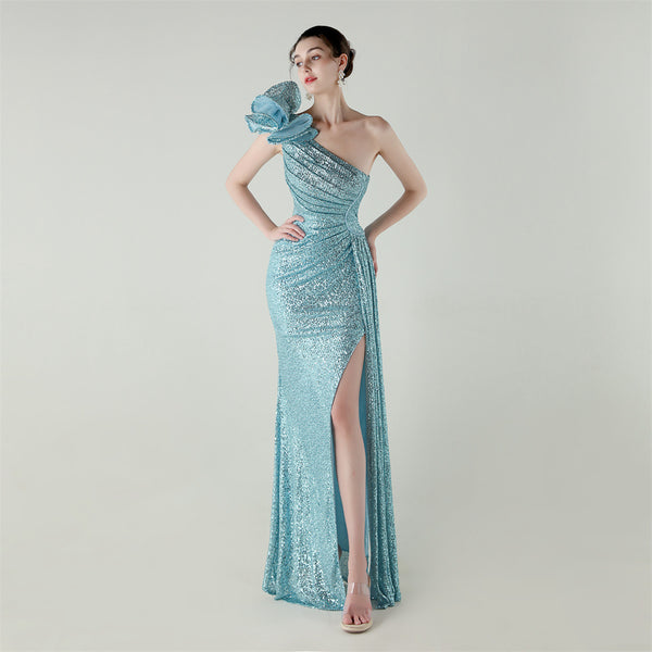 One-Shoulder Mermaid Gown with Floral Beadwork for Galas & Awards