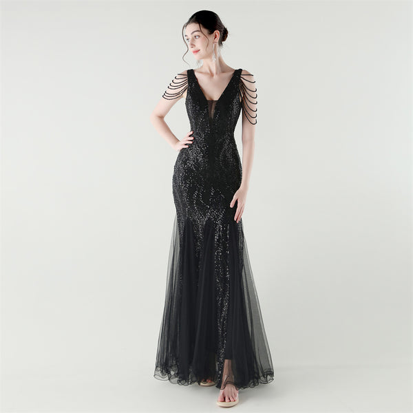 2025 Backless Mermaid Gown with Sequin & Sheer Mesh Panels
