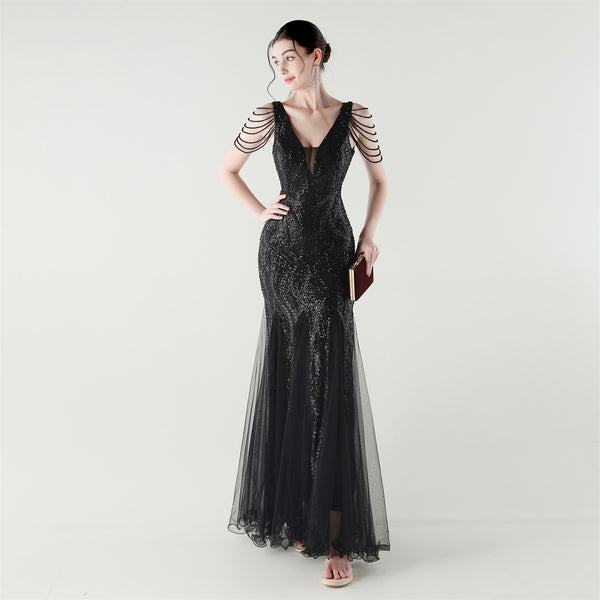 2025 Backless Mermaid Gown with Sequin & Sheer Mesh Panels