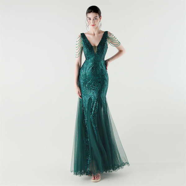 2025 Backless Mermaid Gown with Sequin & Sheer Mesh Panels
