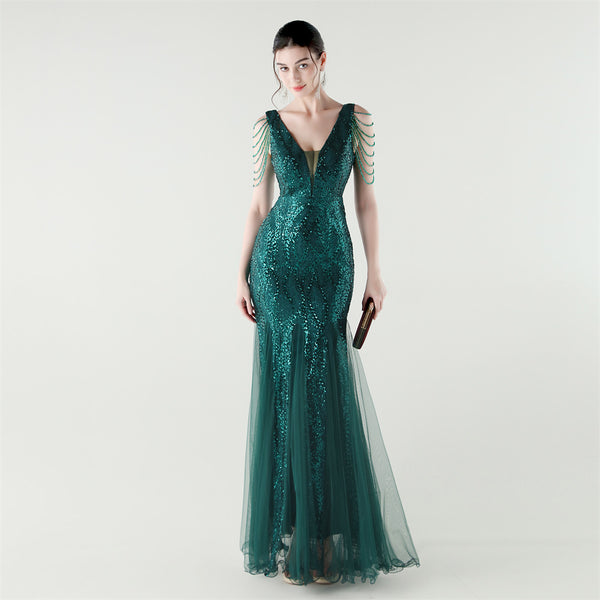 2025 Backless Mermaid Gown with Sequin & Sheer Mesh Panels
