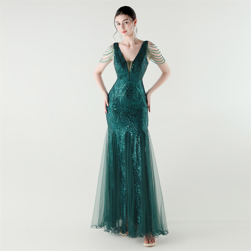 2025 Backless Mermaid Gown with Sequin & Sheer Mesh Panels