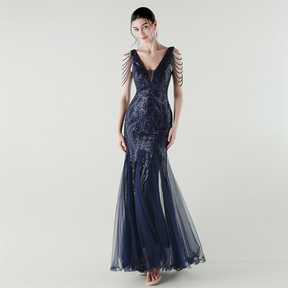 2025 Backless Mermaid Gown with Sequin & Sheer Mesh Panels