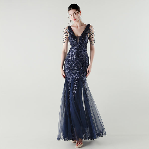 2025 Backless Mermaid Gown with Sequin & Sheer Mesh Panels