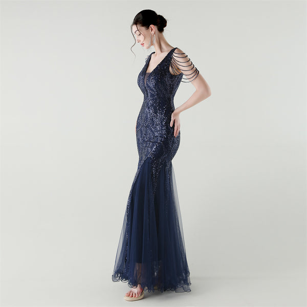 2025 Backless Mermaid Gown with Sequin & Sheer Mesh Panels