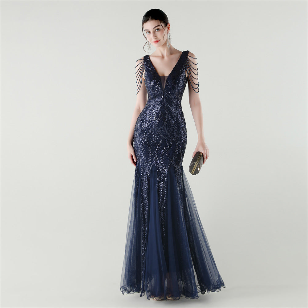 2025 Backless Mermaid Gown with Sequin & Sheer Mesh Panels