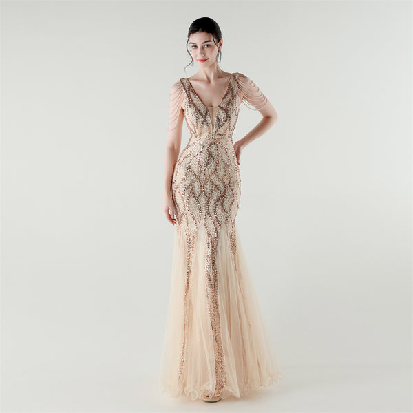 2025 Backless Mermaid Gown with Sequin & Sheer Mesh Panels