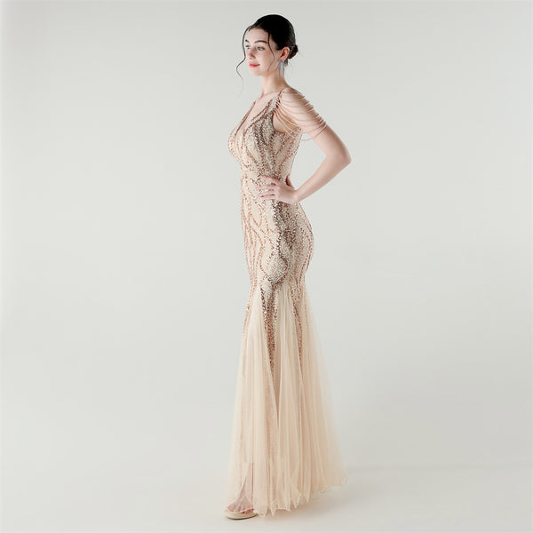 2025 Backless Mermaid Gown with Sequin & Sheer Mesh Panels