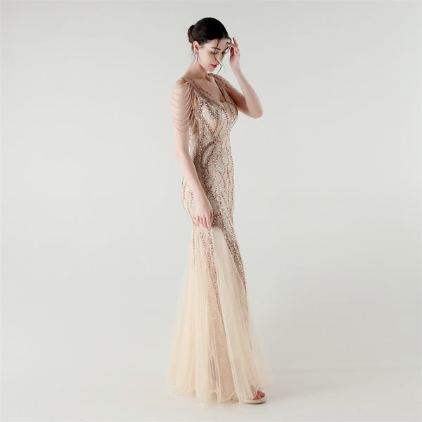 2025 Backless Mermaid Gown with Sequin & Sheer Mesh Panels