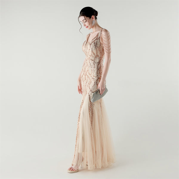 2025 Backless Mermaid Gown with Sequin & Sheer Mesh Panels