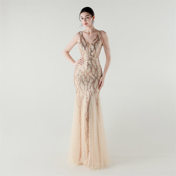 2025 Backless Mermaid Gown with Sequin & Sheer Mesh Panels