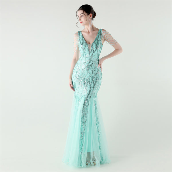 2025 Backless Mermaid Gown with Sequin & Sheer Mesh Panels